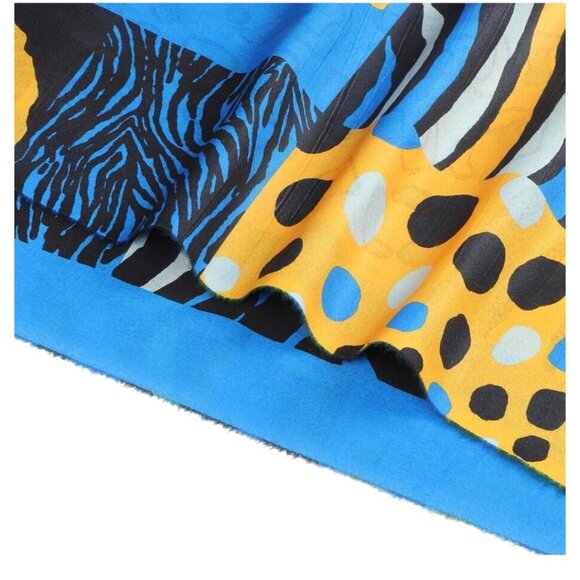 Abstract Animal Print Scarf With Fringe - Blue Yellow & Black - Picture 5 of 6